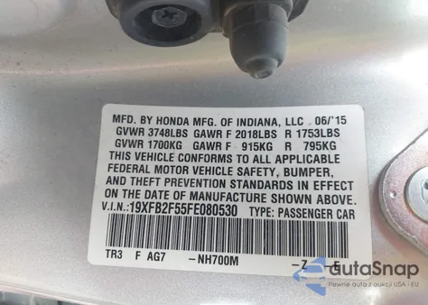 2015 Honda Civic Lx z USA, uszkodzony, nr VIN 19XFB2F55FE080530